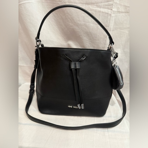 NINE WEST Black Faux Leather Bucket Bag w/ Attached Coin Purse NWT - Picture 1 of 11